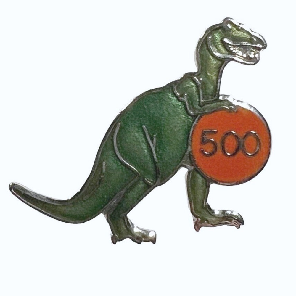 Dinosaur Bowling Brooch 500 Series Silver Tone and Enamel Pin